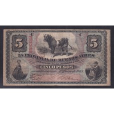 ARGENTINA 1869 BILLETE DE $ 5 PROVINCIA BUENOS AIRES GAUCHOS  BA 130a